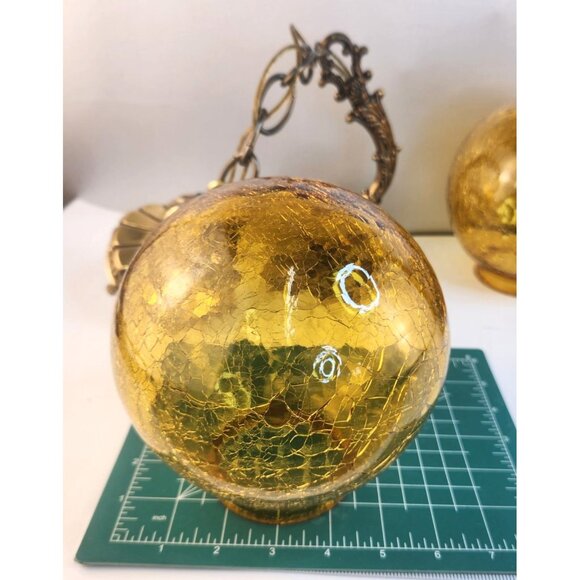 Brass & Amber Crackle Glass Vintage Wall Sconce Lighting Pair With Ornate Detail - Picture 5 of 16